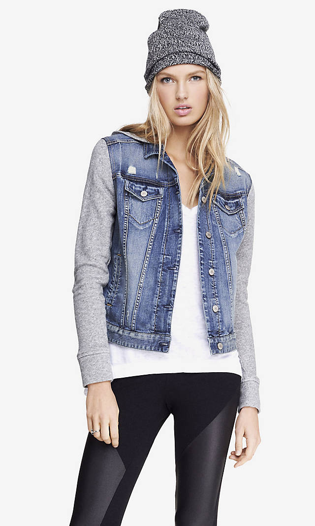 Womens denim jacket with sweater sleeves – Modern fashion jacket ...